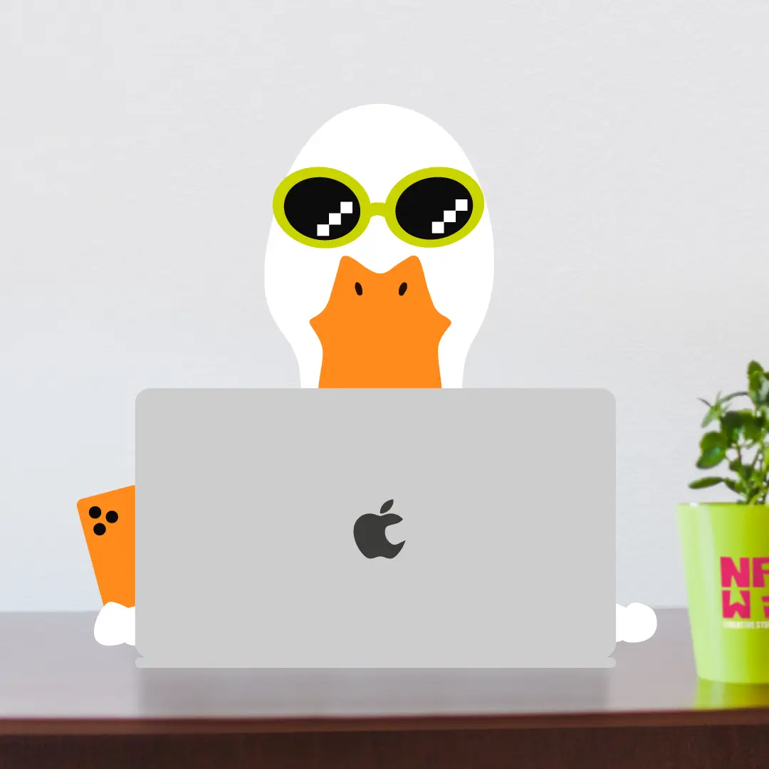 L'oca mascotte di Nawi Creative Studio, accanto all'invito a diventare il prossimo cliente dello studio