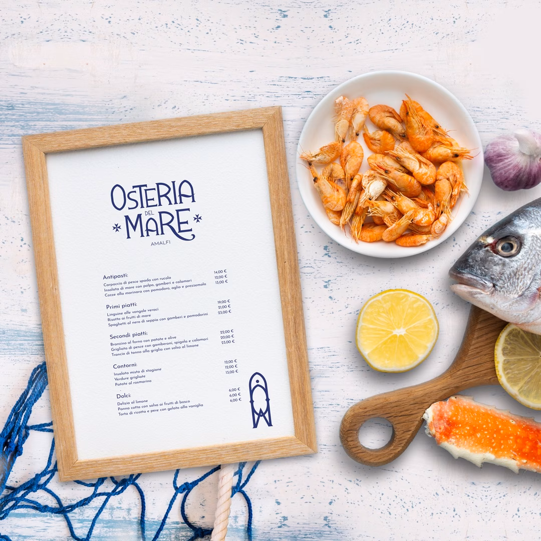 Menù dell'Osteria del Mare con la nuova grafica nata dal rebranding
